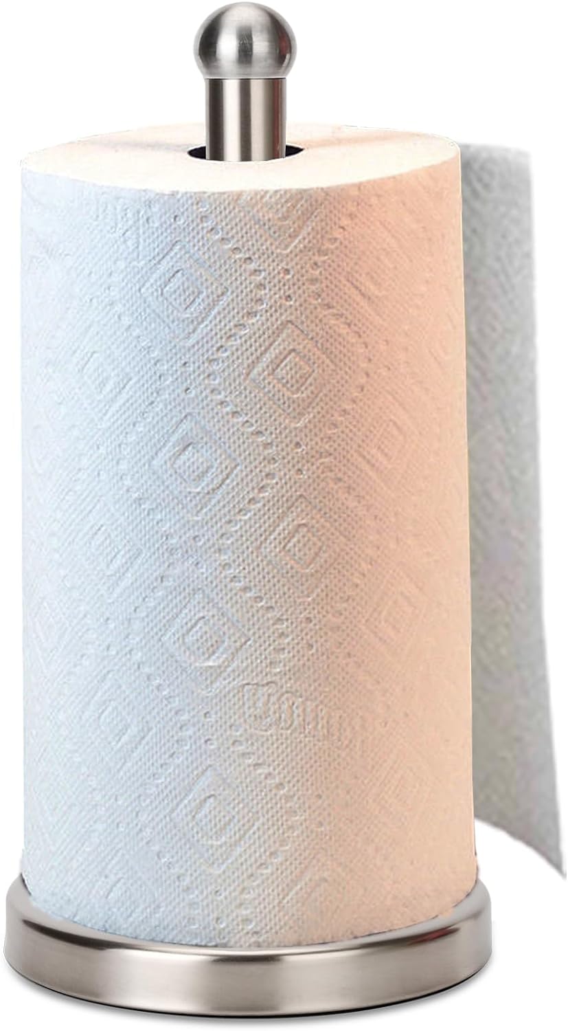 Paper Towel Holder Stand with Sturdy Base Fits Standard and Jumbo Sized Paper Towel, Paper Towel Holder Countertop (Brushed Nickel)