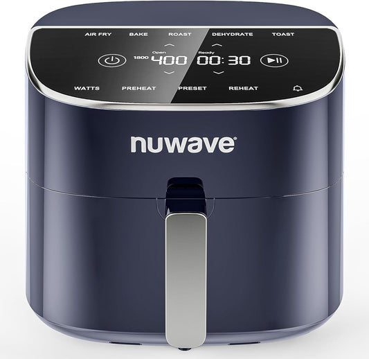 Nuwave Brio Plus 8 Qt Air Fryer, PFAS Free, New & Improved, Digital Touch Screen, Cool White Display, 50°F~400°F in Precise 5°, 5 Cook Functions, 100 Presets & 50 Memory, 3 Wattages 700, 1500, 1800