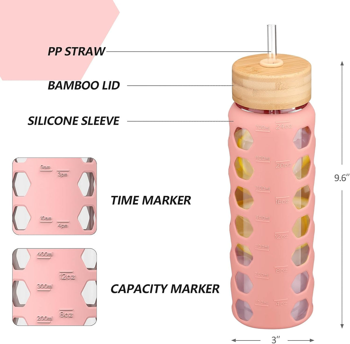 MUKOKO Glass Water Bottles, 24oz Glass Tumbler with Straw, Drinking Bottles with 2 Lids-Handle Spout Lid&Bamboo Straw Lid, Motivational Water Bottle with Time Marker and Silicone Sleeve, 1 Pack-Pink