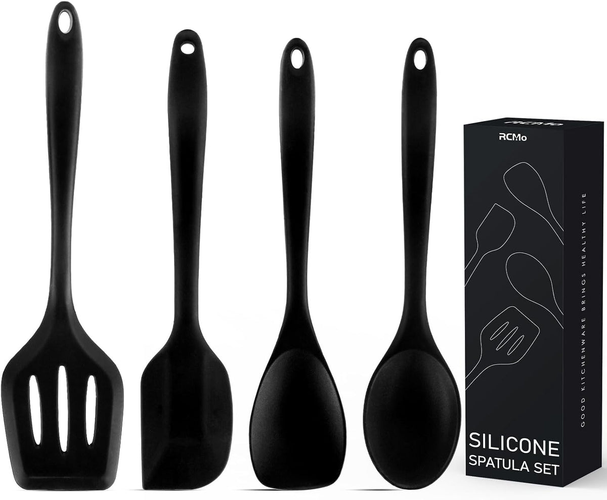 Silicone Spatula Set - Heat Resistant & Food Grade - 4 Piece Nonstick Rubber Spatulas for Baking and Cooking, Dishwasher Safe Kitchen Utensils (Black)