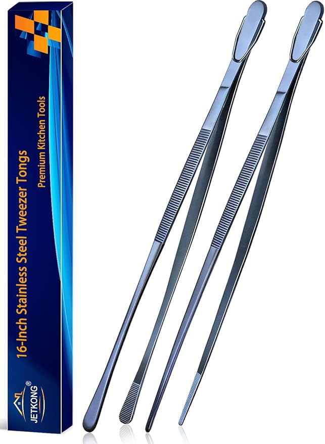 JETKONG 2 Pcs 16-Inch Heavy Duty Cooking Tweezers Extra Long Stainless Steel Kitchen Tweezers Large Plating Tongs (Navy Blue)
