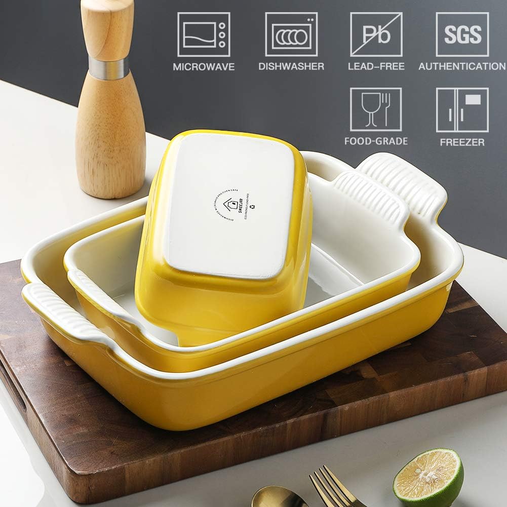 Sweejar Baking Pans Set, Ceramic 9x13 Baking Dish with Handle, Rectangular Casserole Dishes for Oven, Bakeware Sets of 3, Durable Lasagna Pan Deep for Kitchen, Banquet, Wedding Gift(Yellow)