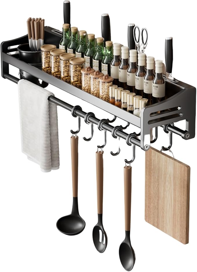 utensil hanger, wall mounted kitchen rail with hooks, waterproof hooks for kitchen utensils, easy installation without drilling (23.6 inches, Cup, 1)