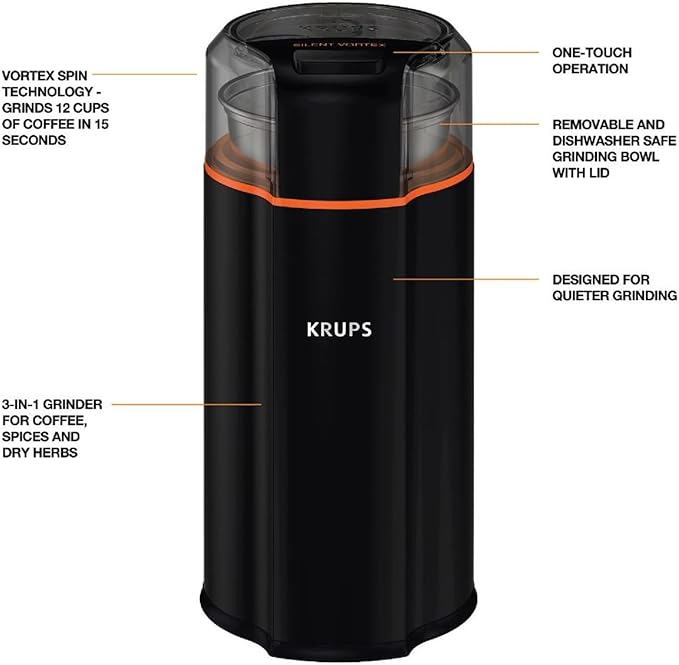 KRUPS Silent Vortex Electric Coffee Grinder: 3 oz Capacity, 5x Quieter, 175W Motor for Coffee Beans, Spices & Herbs - Removable Dishwasher-Safe Bowl, 12-Cup Yield, Black