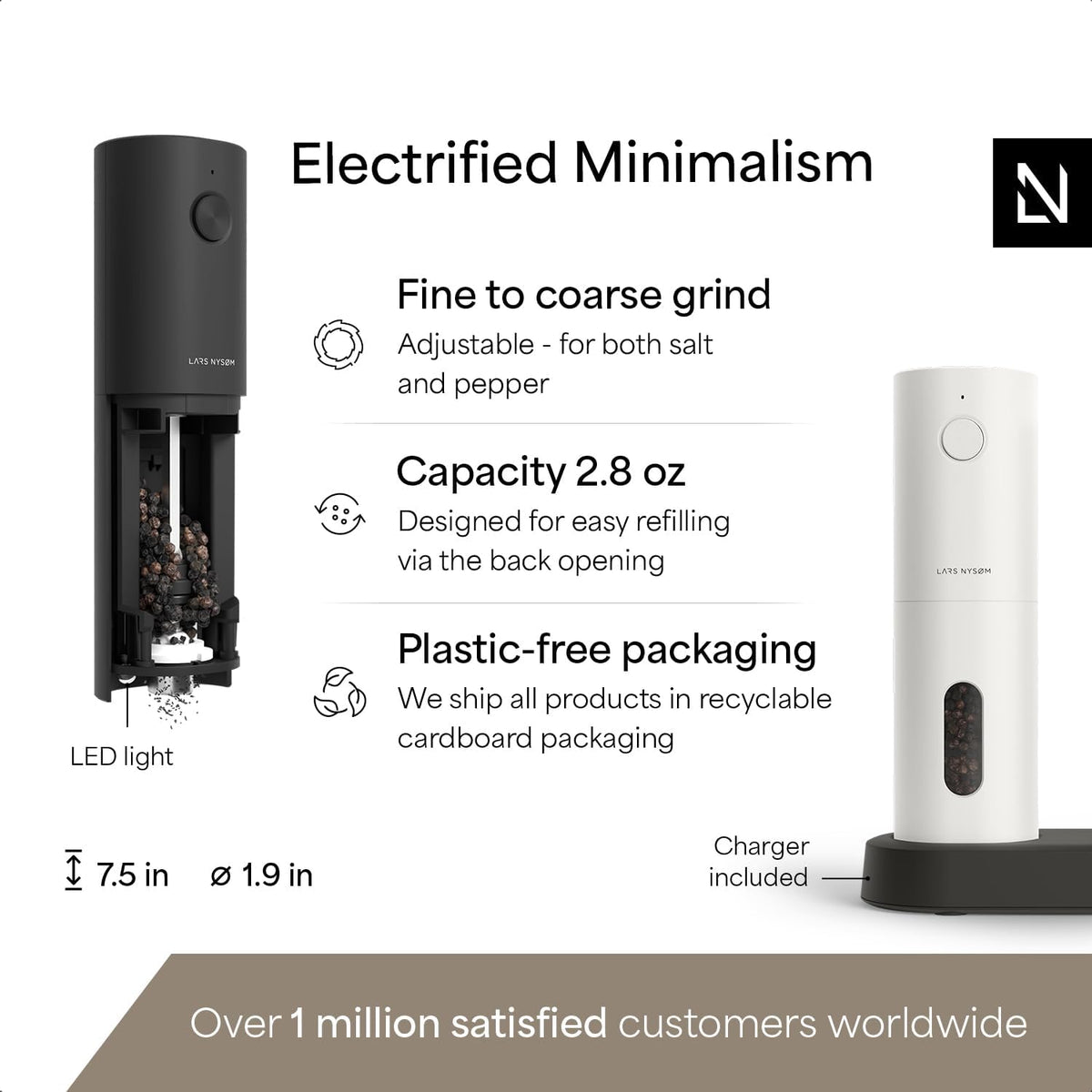 LARS NYSØM Electric Salt and Pepper Grinder Set, USB Rechargeable, Automatic Salt and Pepper Mills, Spice Shakers Refillable with LED Light, Adjustable Coarseness, Ceramic Grinder (Black/White)