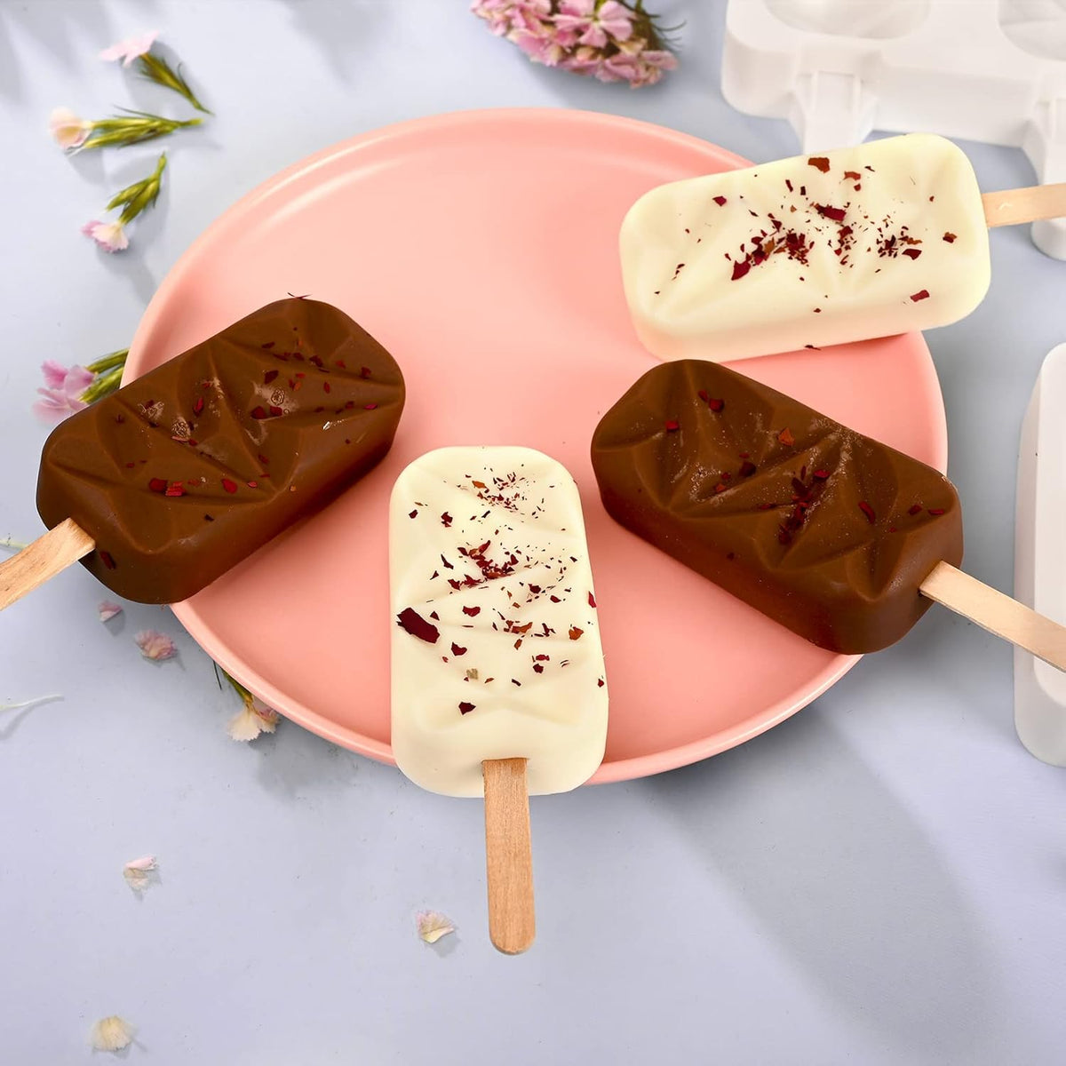 Sakolla 2 Pack Silicone Popsicle Molds, 4 Cavities Diamond Ice Cream Molds with 50 Wooden Sticks for Ice pop, Cake Pop, Cakesicles (White)