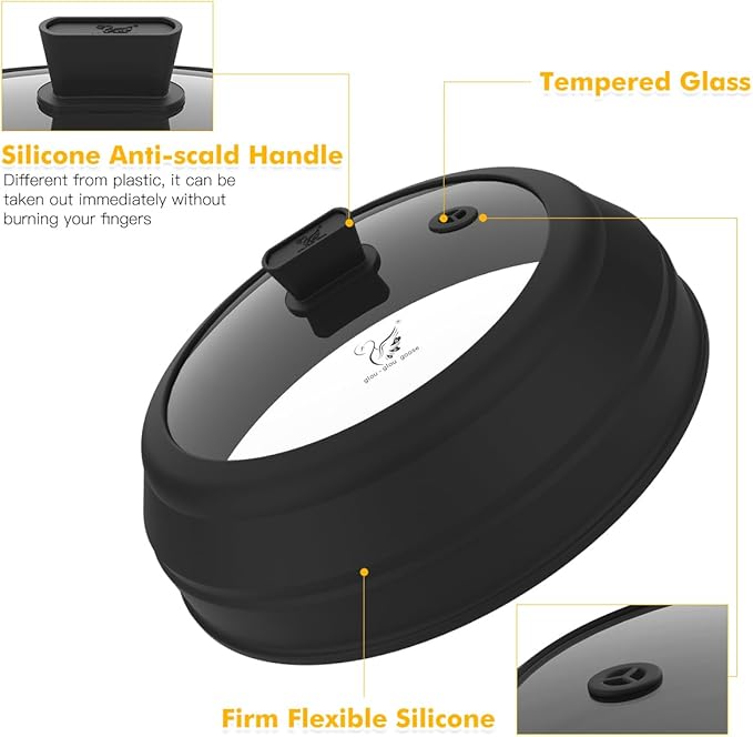 Microwave Splatter Cover Glass Splatter Guard Lid with Collapsible Silicone for Food Plate Covers 8.5 inch Black