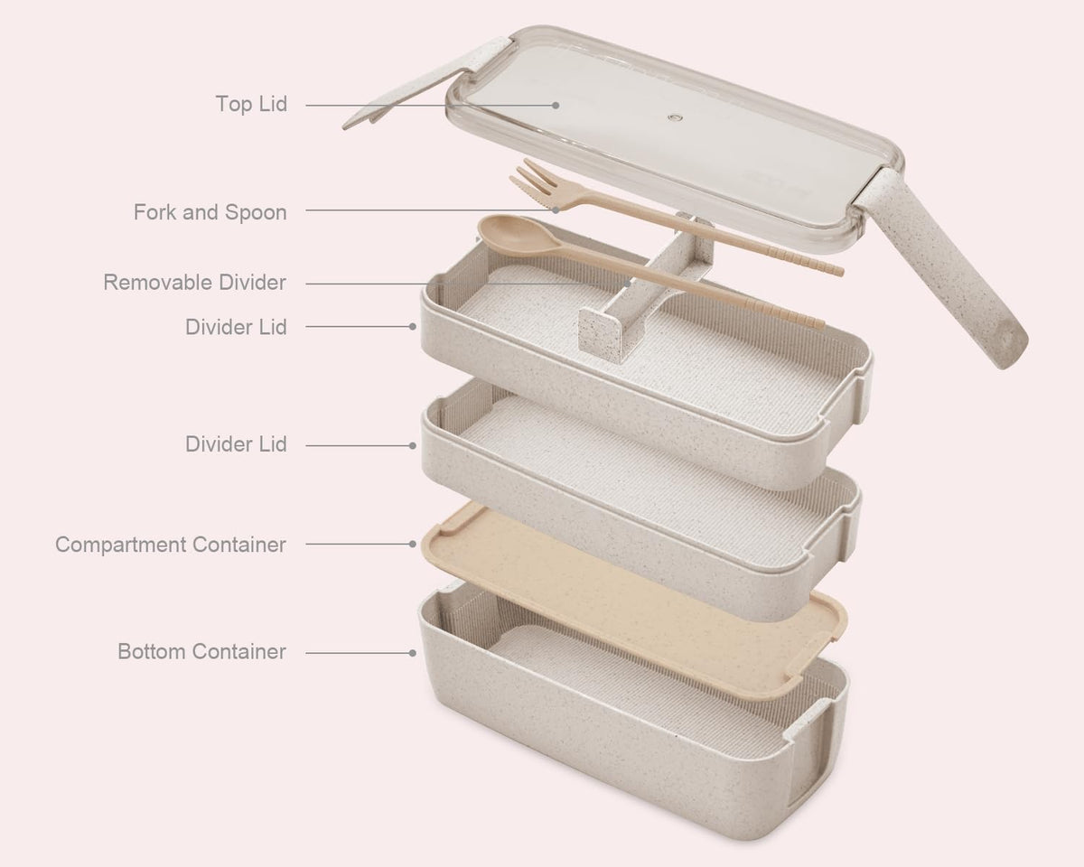 Bento Box Adult Lunch Box, Stackable 3-In-1 Compartment Bento Containers Kit with Spoon&Fork, Wheat Straw Meal Prep Containers Beige