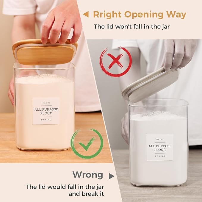 2 Pack Square Glass Flour and Sugar Containers with 132 Kitchen Pantry Labels - Thicken 120 FL OZ Large Glass Storage Jars with Airtight Bamboo Lid - Big Food Canisters for Cookies, Rice, Coffee