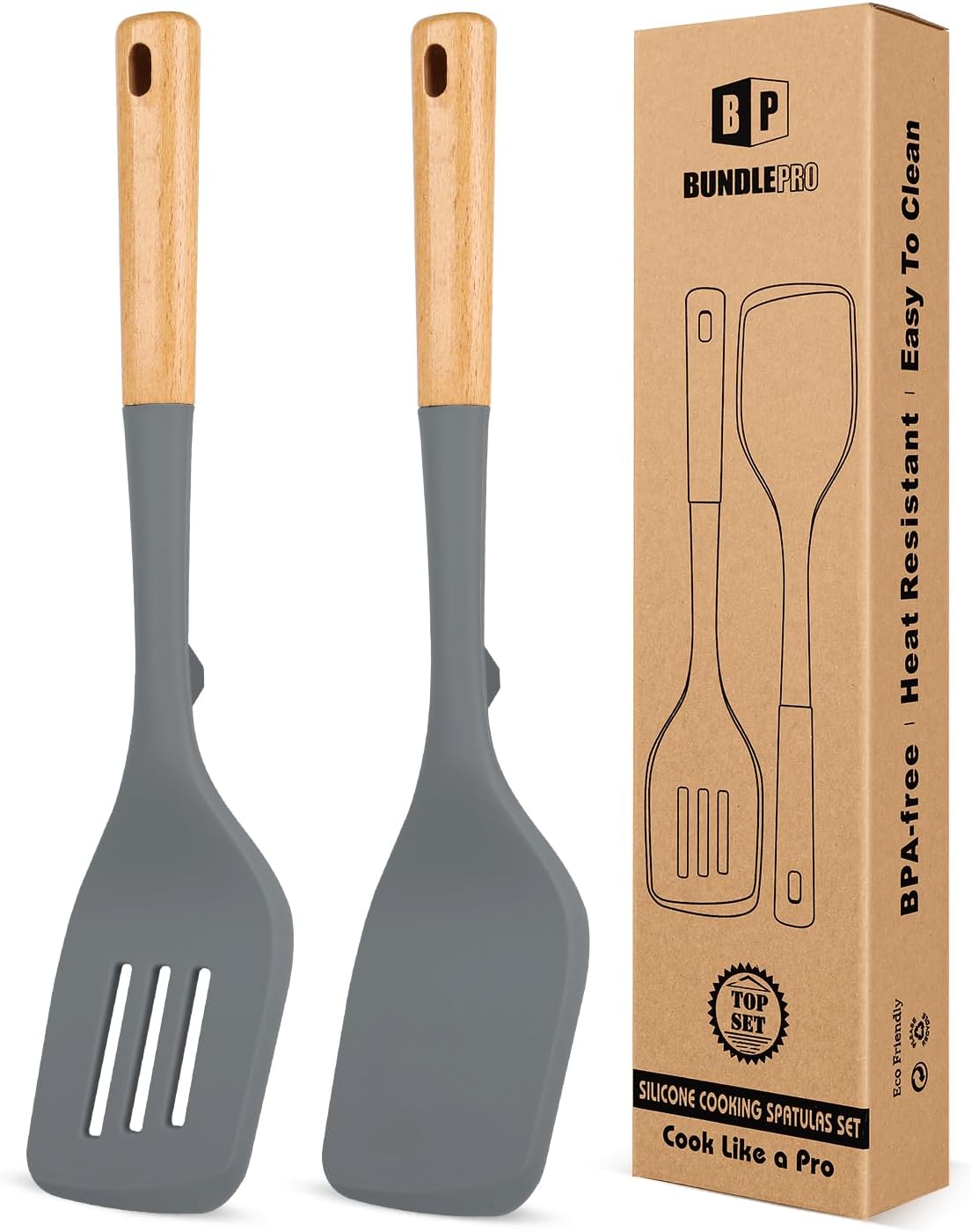 Pack of 2 Large Silicone Spatula, Heat Resistant Solid Turner, Non Stick Slotted Spatulas with Wooden Handle, Ideal Kitchen Utensils for Flipping, Pancakes, Eggs, Fish(GRAY)