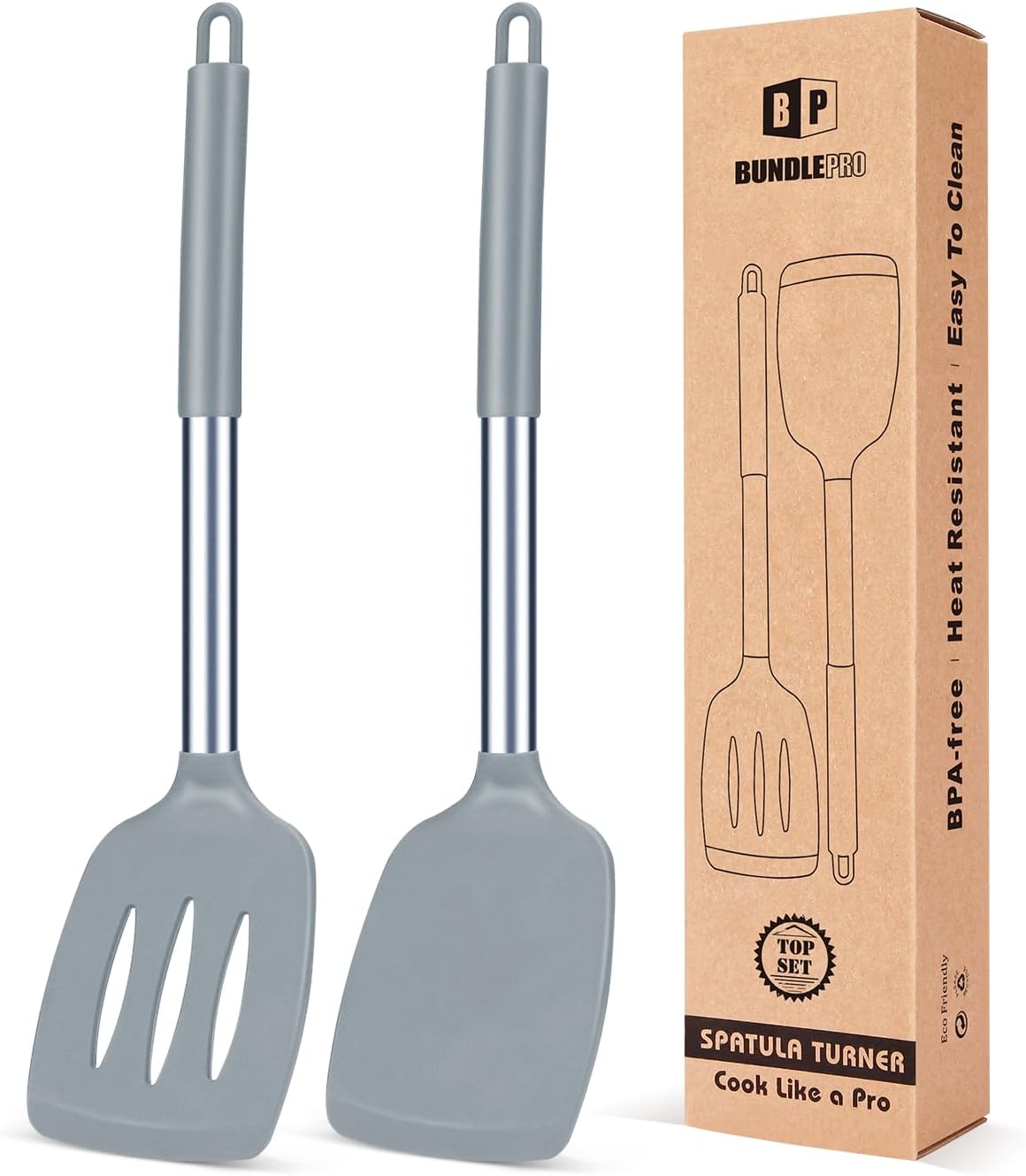 Pack of 2 Silicone Solid Turner, Non Stick Slotted Kitchen Spatulas, High Heat Resistant BPA Free Cooking Utensils, Ideal Cookware for Fish, Eggs, Pancakes(Gray)
