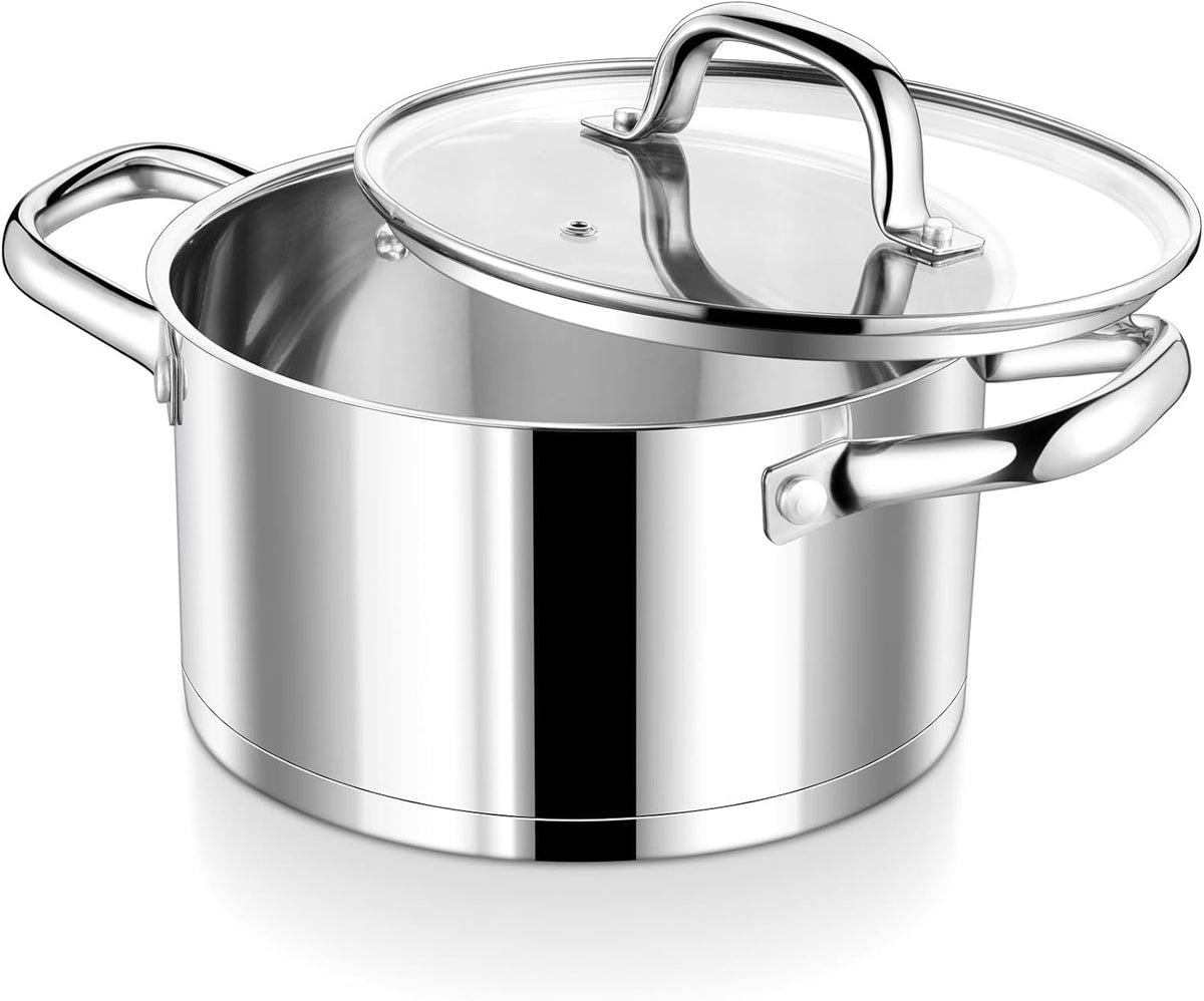 P&P CHEF 5 Quarts Cooking Stock Pot with Lid, Stainless Steel Stockpot Induction Pot for Soup, Tri-Ply Bottom & Clear Glass Lid & Double Handle, Dishwasher Safe