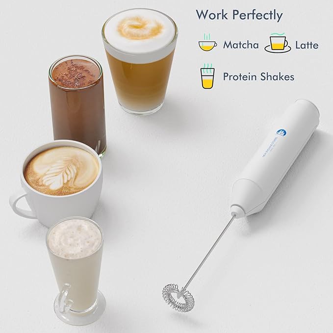 Powerful Milk Frother Handheld Foam Maker, Mini Whisk Drink Mixer for Coffee, Cappuccino, Latte, Matcha, Hot Chocolate, With Stand, White
