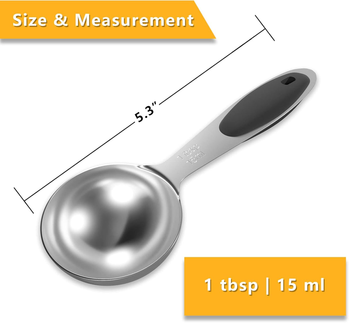 1PCS 1 Tbsp(3tsp, 1/2oz, 15ml) Single Measuring Spoon with Black Silicone Grip, Stainless Steel Individual Measure Scoop Only