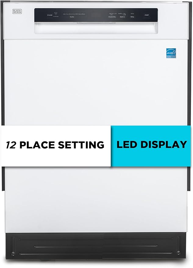 BLACK+DECKER 24" Built-In Dishwasher, 12-Place Setting Capacity with Stainless Steel Tub, Dish Washer with 5 Wash Programs and Smart Wash Cycle, ENERGY STAR Certified, BDW100MW, White