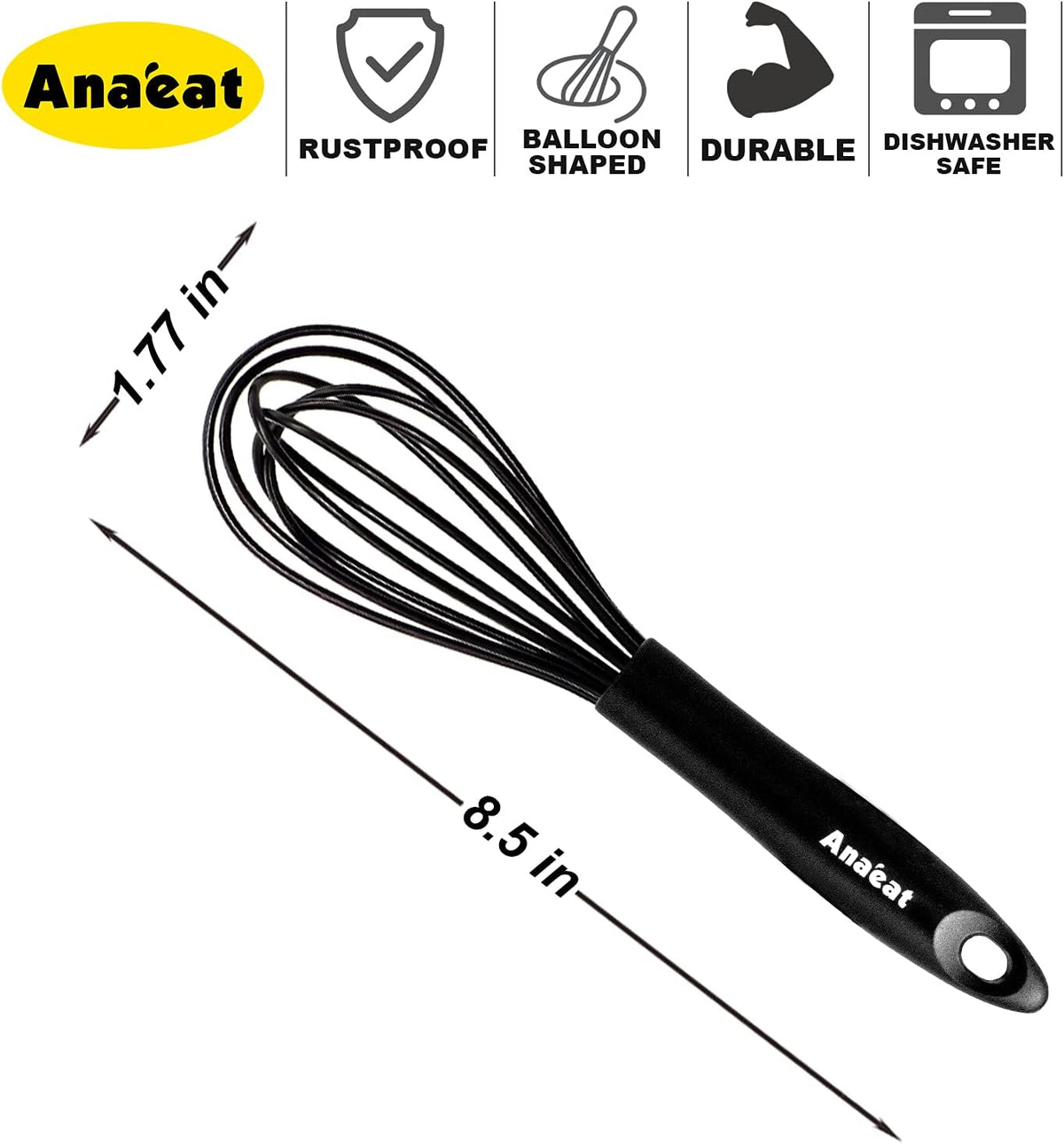 Anaeat 8.5" Silicone Balloon Whisk, Perfect for Non-Stick Cookware, Milk and Egg Beater Blender, Heat Resistant Kitchen Whisks for Whisking, Cooking, Baking, Beating, Frothing & Stirring (Black)