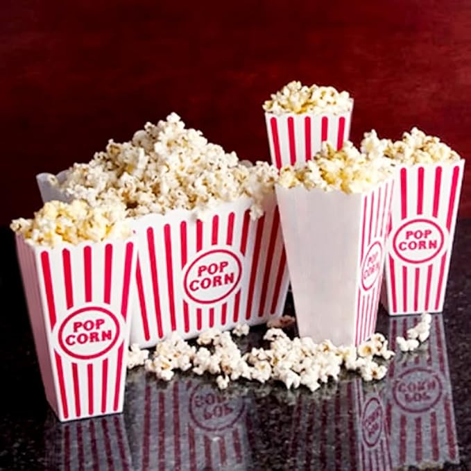 Novelty Place Plastic Red White Striped Classic Popcorn Containers for Movie Night - 7.8 inch Tall x 3.8 inch Square (4 Pack)
