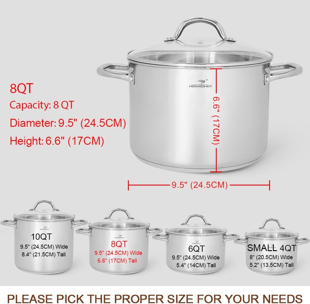 HOMICHEF Stock Pot 8 Quart with Lid Nickel Free Stainless Steel - Mirror Polished Stockpot 8 QT with Lid - HEALTHY COOKWARE Stockpots 8 Quart - Soup Pot for Induction Cooktop