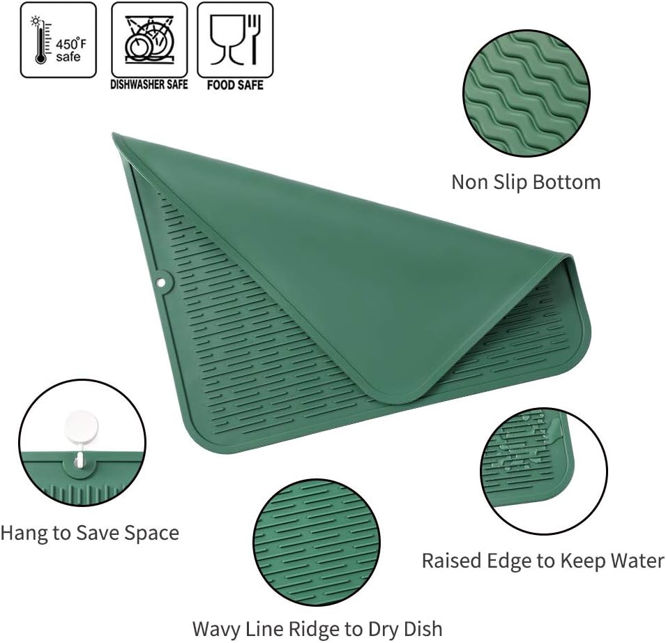 Silicone Dish Drying Mat for Multiple Usage,Easy clean,Eco-friendly,Heat-resistant Silicone Mat for Kitchen Counter or Sink,Refrigerator or Drawer Liner Green 2XL 24 inches x 18 inches