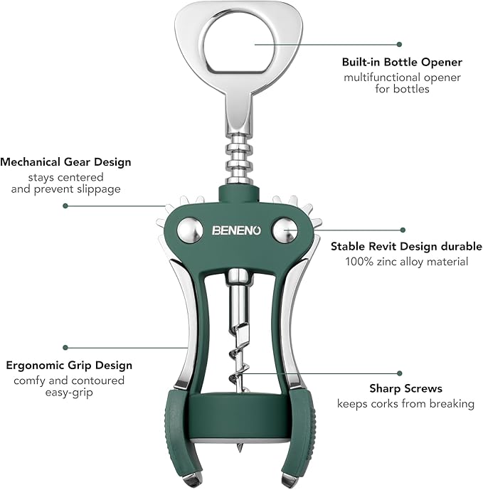 Beneno Wine Opener, Zinc Alloy Premium Wing Corkscrew with Multifunctional Bottles Opener, Sharp Wine Corkscrew with Ergonomic Non-Slip Wing Handle, Dark Green