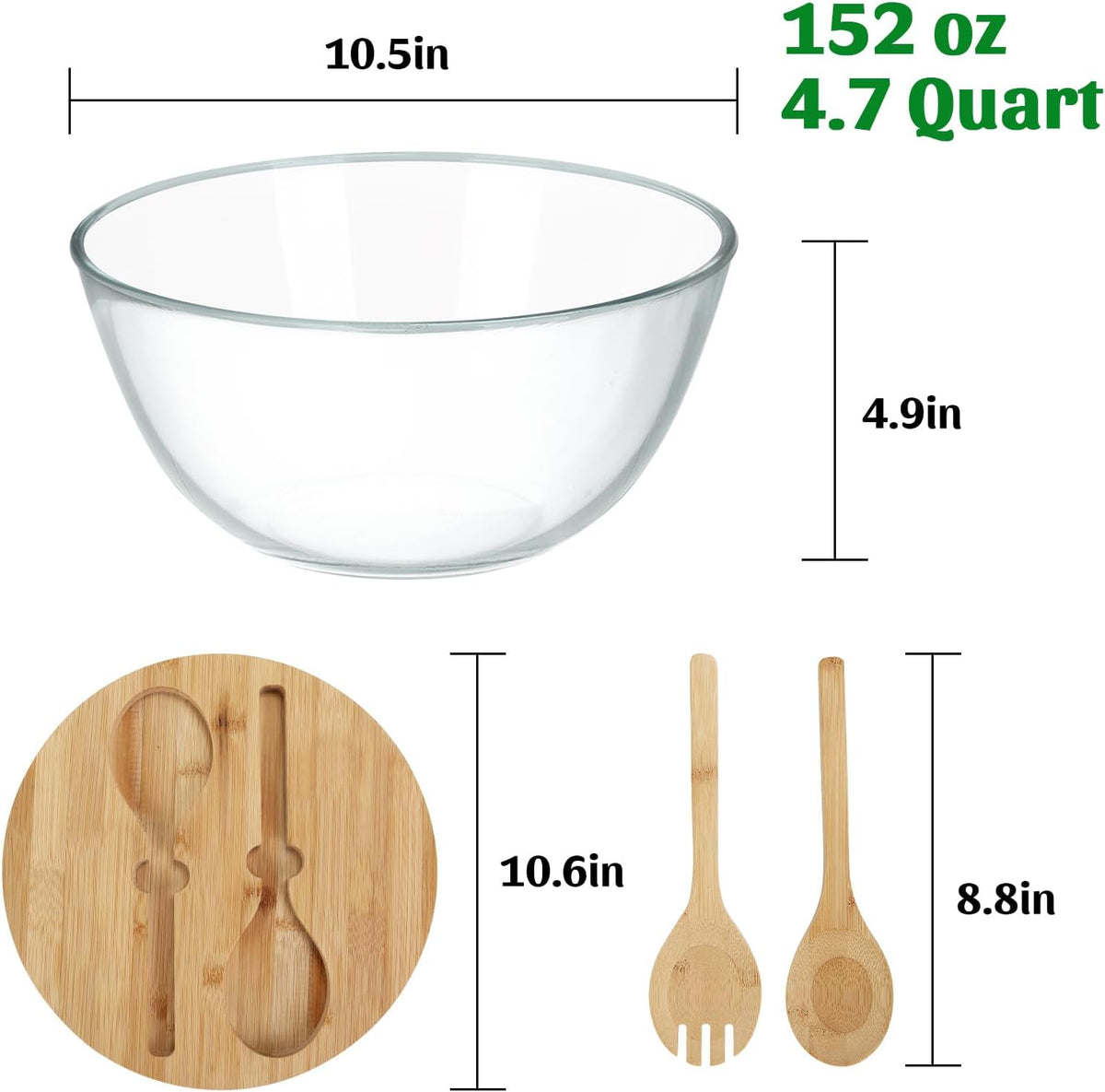 ShineMe Glass Salad Bowl, 4.7 Qt Large Mixing Bowl with Lid and Built in Utensils, Versatile Trifle Bowl for Serving, Mixing, Preparing, Storing, and Decoration in Kitchen