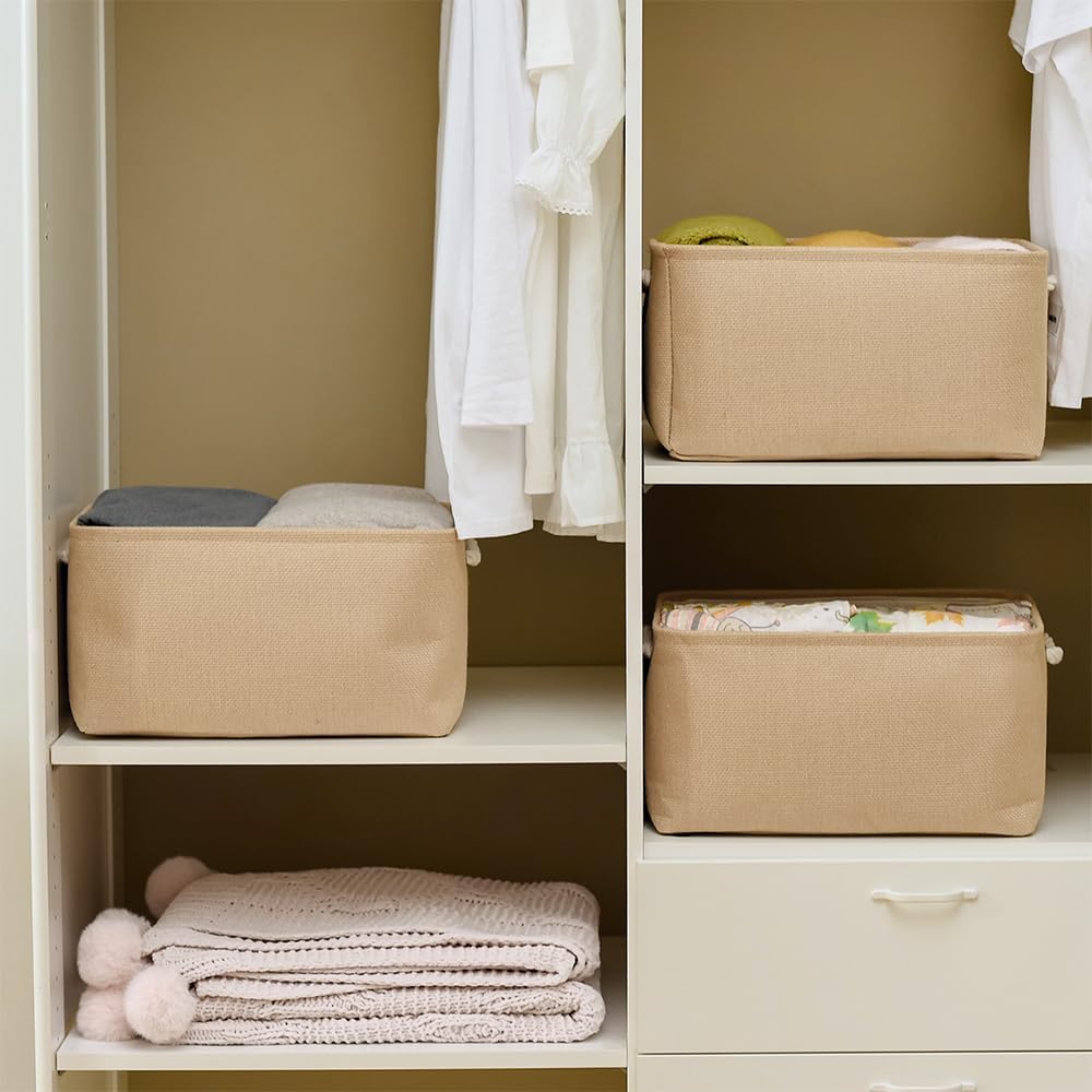 Organization and Storage Basket for Gifts Empty - 16x12x8 inch Large 4 Pack Fabric Storage Cube Collapsible Baskets for Shelves with Handles, Storage Box for Cloth Books Laundry Canvas(Beige)