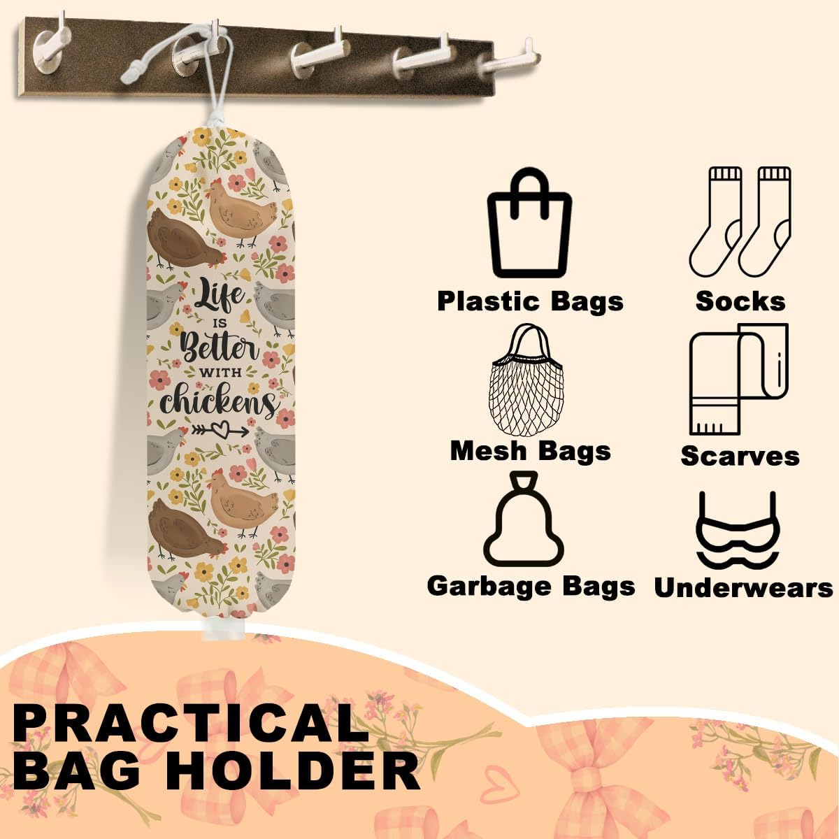 2Pcs Rustic Sweet Farm Plastic Bag Holder for Kitchen Essentials, Wall Mount Grocery Bag Holder for Plastic Bags, Chicken Floral Reusable Grocery Bags Storage Dispenser for Home Kitchen Farmhouse