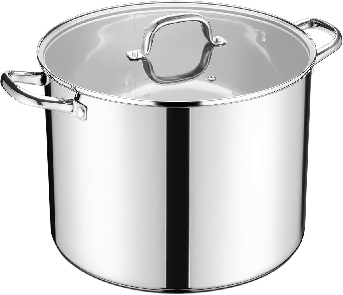 20 Qt Large Stock Pot, E-far Stainless Steel Stockpot with Lid for Boiling Cooking Soup Stew Canning, Heavy Duty Tri-Ply Bottom Works w/Induction, Commercial Grade & Dishwasher Safe