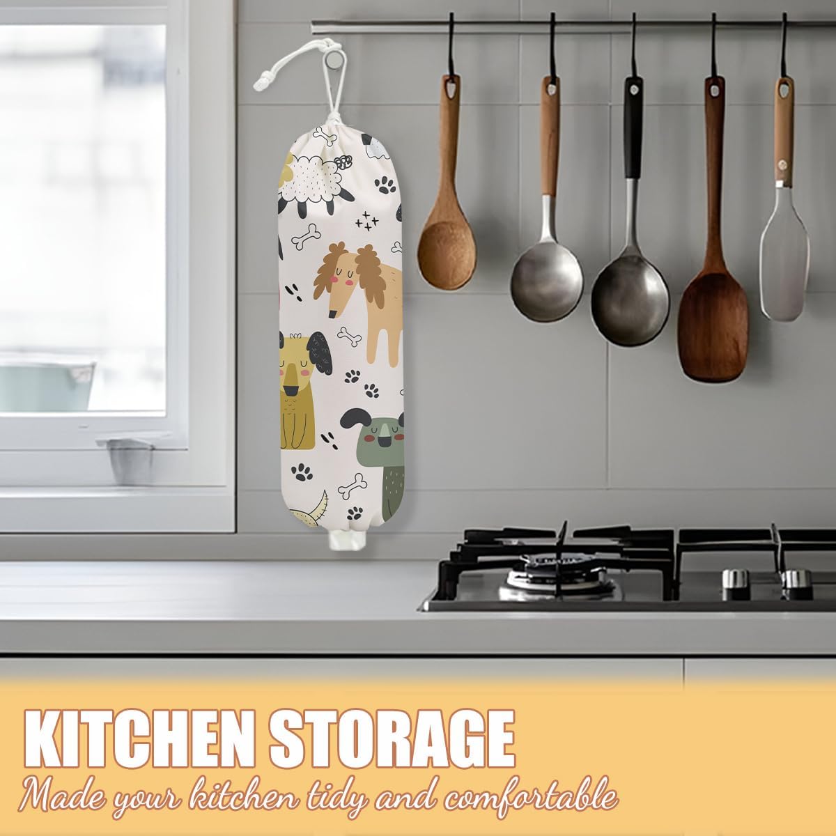 Dog Plastic Bag Holder, Wall Mount Grocery Bag Holder, Plastic Storage bag, Pull Rope Free Adjustment, Plastic Bag Holders for Grocery Bags, Plastic Bag Dispenser for Pantry Kitchen, Dog Lover Gifts