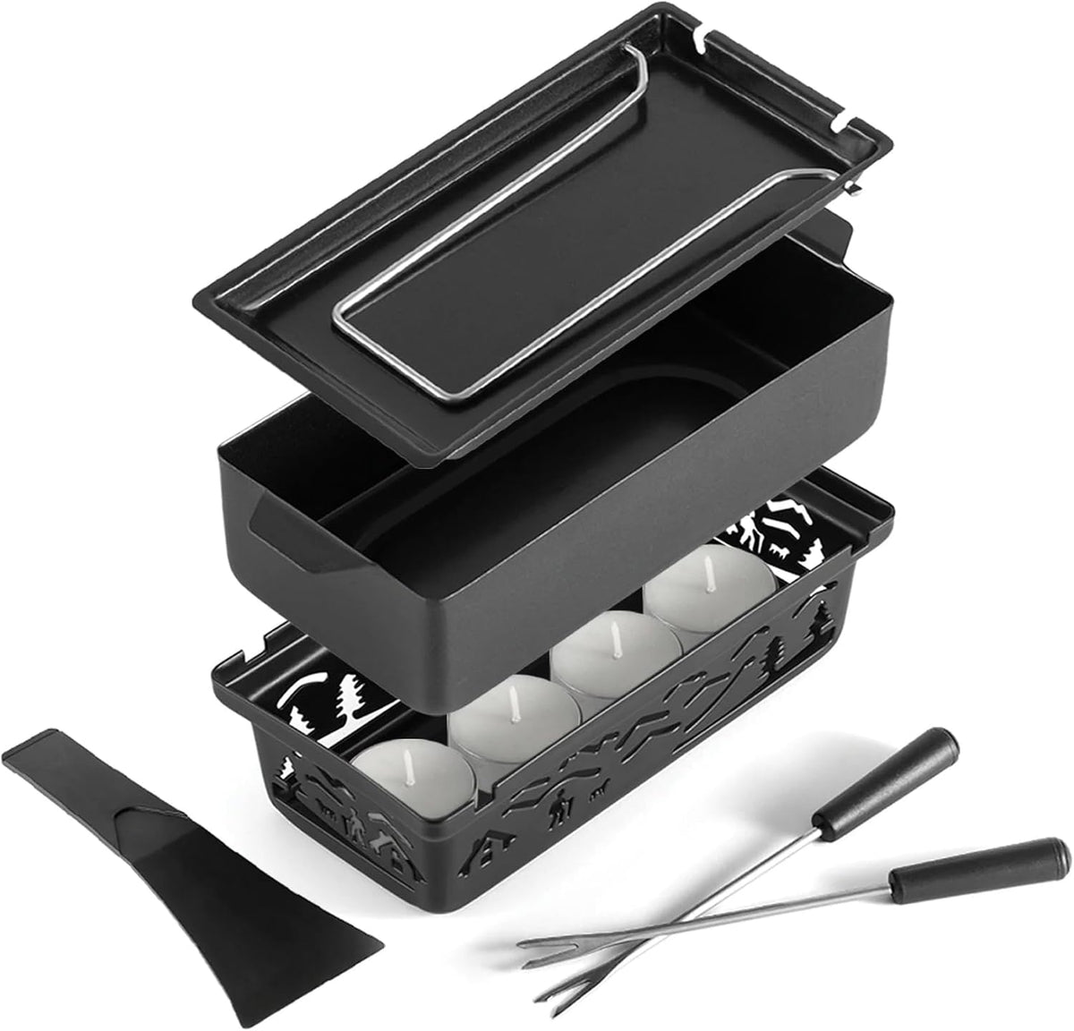 Swissmar Tandem Candle Fondue & Raclette Set - Portable 2-in-1 Tabletop Fondue Pot with Raclette Dish, Forks, Spatula & Tealight Candles