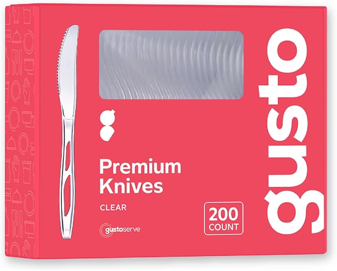 GUSTO [200 Count Premium Heavyweight Disposable Knives - Clear Plastic Knives Heavy Duty, Perfect for Parties, Events, and Catering (Formerly Comfy Package)