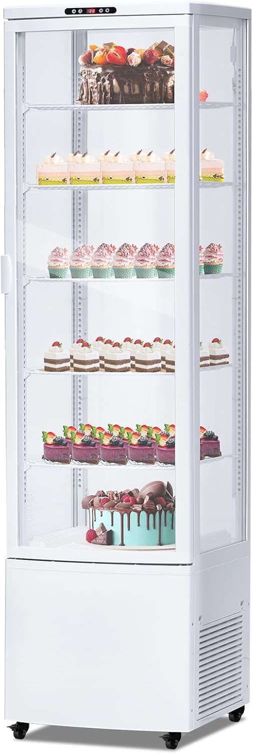 10.5 Cu.Ft Refrigerated Display Case, Floor-Standing Display Refrigerator with LED Light and Adjustable Shelves, Commercial Display Fridge with Casters for Cakes, Coffee, Bakery, Supermarkets, Store