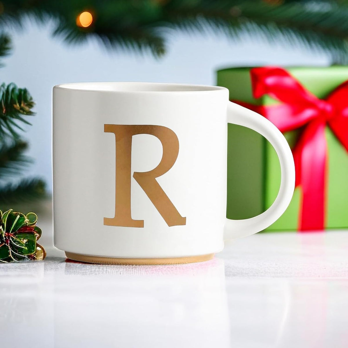 COLLECTIVE HOME - Monogram Ceramic Mugs, 15 oz Golden Initial Coffee Cups, Elegant Alphabet Tea Mugs, Elegant Personalized Mug with Gift Box, Unique Mug with Double Side Capital Letter (R)