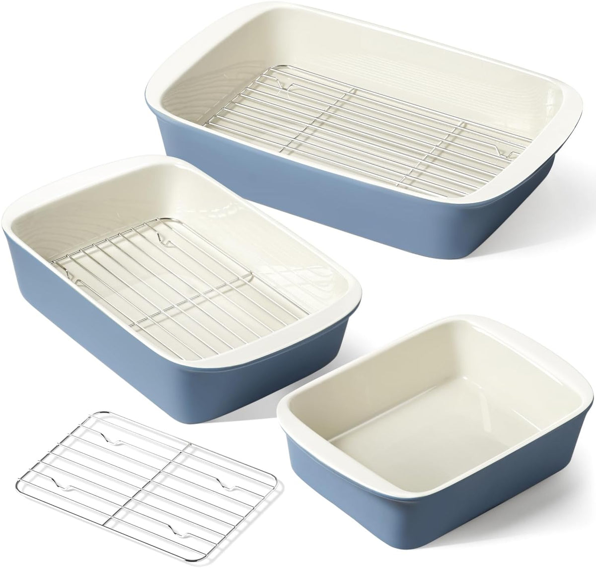 LE TAUCI Deep Casserole Dishes for Oven, 13.7”x9.6” Ceramic Baking Dish Set with Roasting Racks, Large Lasagna Pans with Handles, Rectangular Bakeware as Gift for Mom, Dusty Blue (4.6QT/3.0QT/1.6QT), Set of 3