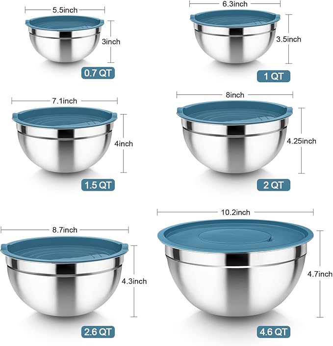 TeamFar Mixing Bowls with Lids Set, 6PCS Stainless Steel Metal Nesting Salad Bowl with 3 Grater Attachments, for Food Baking/Mixing/Serving/Storing, Dark Blue- 4.6/2.6/2 / 1.5/1 / 0.7 QT