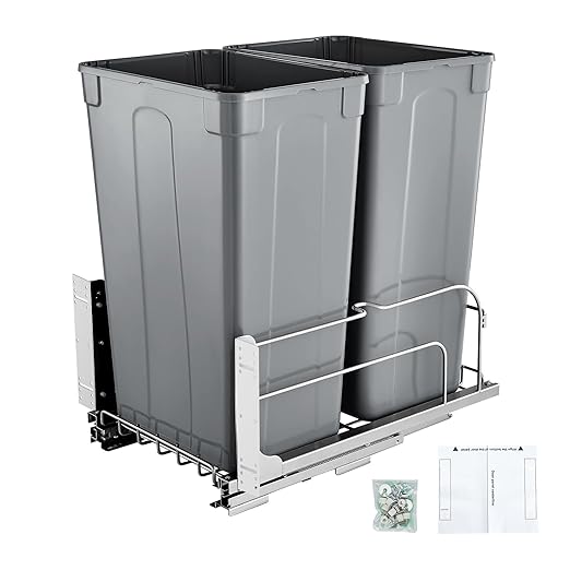 VEVOR Pull-Out Trash Can, 50 QT x2 Double Under Mount Kitchen Waste Container, Heavy Duty Garbage Recycling Bin with Door Kit and Soft Close Slide, for Kitchen Cabinet, Sink, Under Counter (Grey)