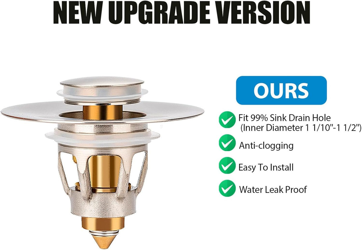 Three colors Brushed Nickel Bathroom Sink Stopper, 1.1-1.5" Bathroom Sink Drain Strainer, Universal WashBasin Pop Up Drain Stopper, Bounce Core Push Type Sink Plug, Anti-Clogging (1PCS)