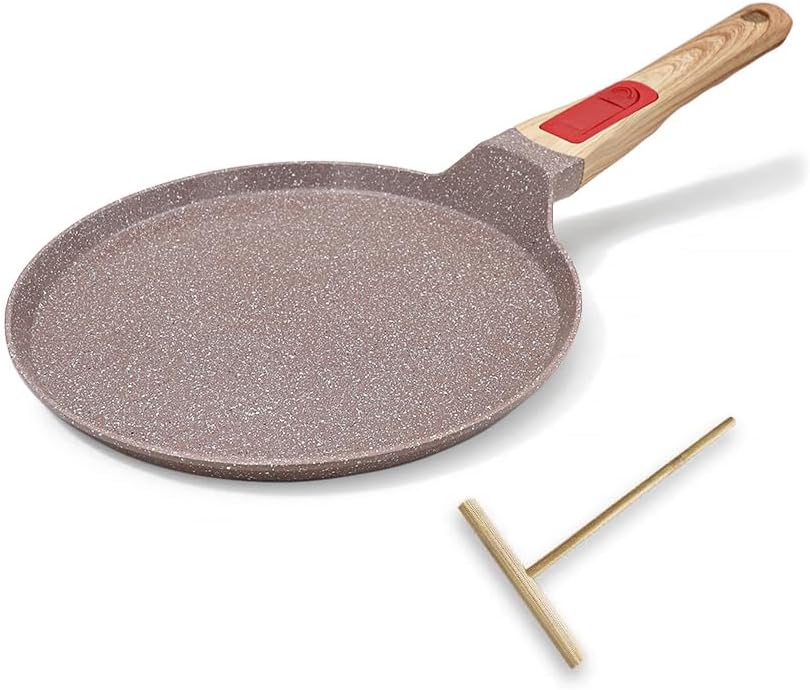 Nonstick Ceramic Crepe Pan, 8 Inch Dosa Pan Pancake Pan with Detachable Handle Round Griddle - Brown