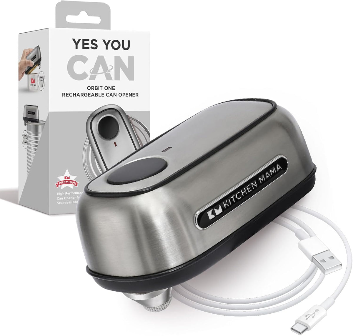 Kitchen Mama Orbit One Stainless Steel Rechargeable Electric Can Opener: Hands-free, USB-C Charging, Automatic Stop, Smooth Edge, Safety, Blade for Large Cans, Heavy Duty, Soda Can and Pop Can