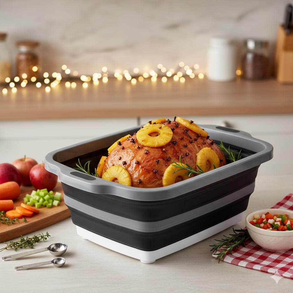 Collapsible Large (8L) BBQ Marinating Tub w/Cutting Board | Multipurpose Food-Grade TPE Prep Tub w/Lid | Built-in Colander & Drain Plug - for Camping | Tailgate | Picnic - Slate Black