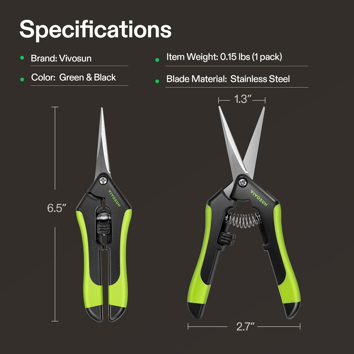 VIVOSUN 2-Pack Gardening Scissors 6.5 Inch Hand Pruner Pruning Shear with Straight Stailess Steel Blades, Black and Green