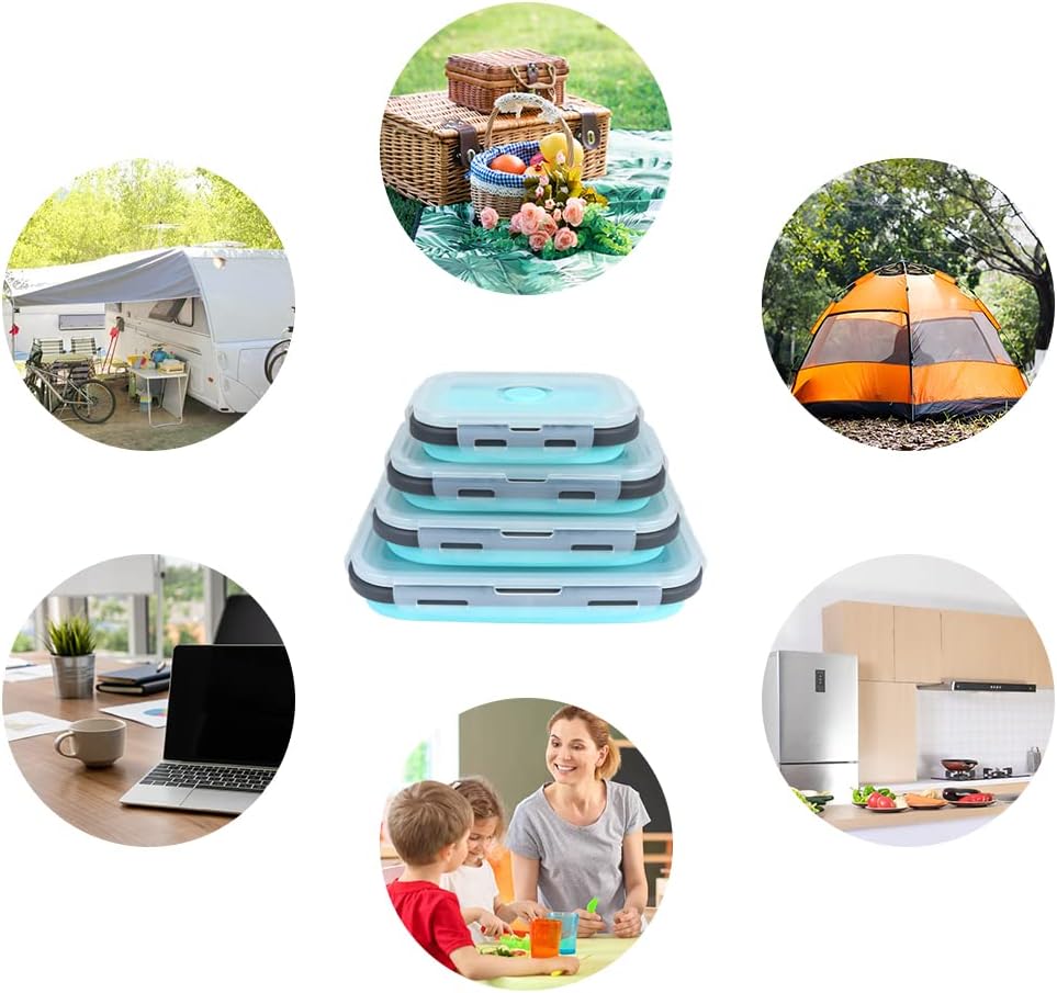 Set of 4 Collapsible Foldable Silicone Food Storage Containers,Ktichen Collapsible Storage Bowls with Airtight Plastic Lids for Leftover, Silicone Lunch Box-Microwave,Dishwasher,Freezer Safe