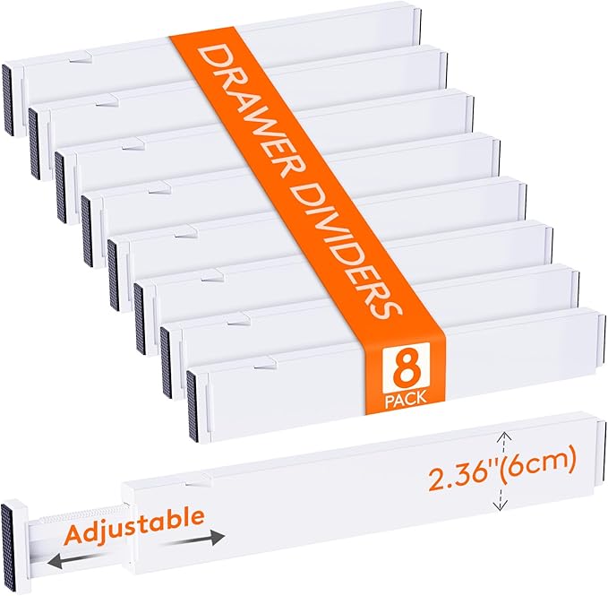 Lifewit 8 Pack 2.36" High Drawer Dividers 40-56cm/16-22 Adjustable Drawer Organizer for Clothes/Utensils, Expandable Drawer Separator in Dresser/Kitchen/Bedroom/Office Organization & Storage White