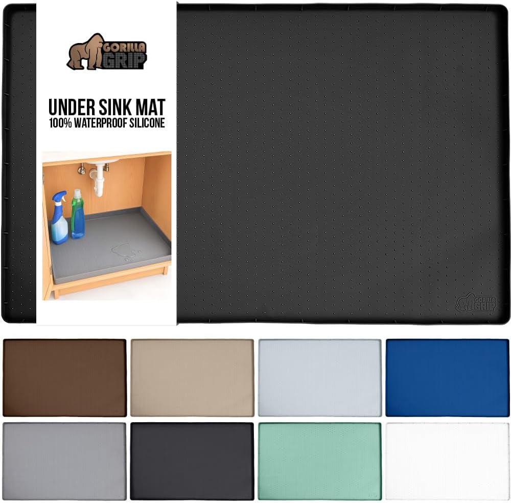 GORILLA GRIP Waterproof Silicone Under Sink Mat with Raised Lip for Kitchen and Bathroom, Cabinet Shelf Liner Stay in Place Mats Dishwasher Safe Drawer Liner, Organizer Tray, 19 x 34 in, Black