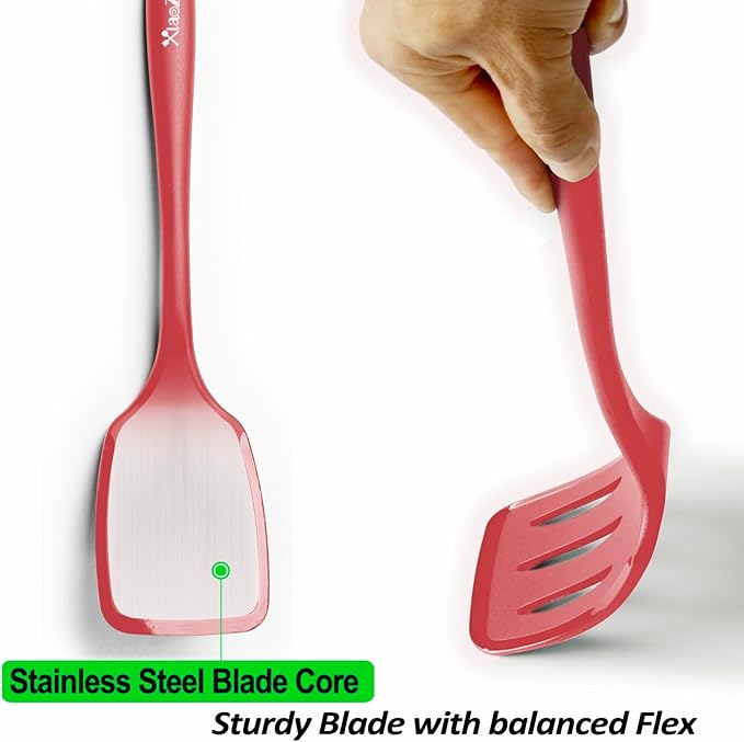 600˚F Heat Resistant Silicone Spatula Set, 13.6" Kitchen Spatula Turners for Non Stick Cookware, Flexible Spatulas with Thin Edges, Seamless Cooking Utensils for Fish, Eggs, Pancakes, Red