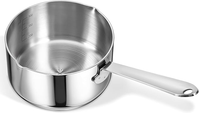 18/10 Stainless Steel Butter Warmer Measuring Pan, 0.5 Quart Small Sauce Pan with Dual Pour Spout, 17OZ/500ml Coffee Milk Chocolate Butter Melting Pot