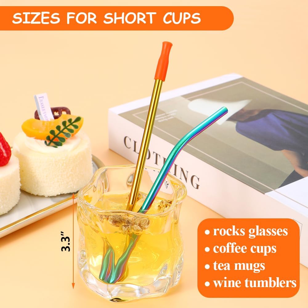 Lazycorner 16 Pcs Short Metal Straw, 6mm 5.5" 6.5" Kids Reusable Straw Silicone Tips Cleaner, Mini Small Stainless Steel Straws Fit 8 10 12 oz Tumbler/Wine Tumblers, Reusable Cocktail Straws(Rainbow)