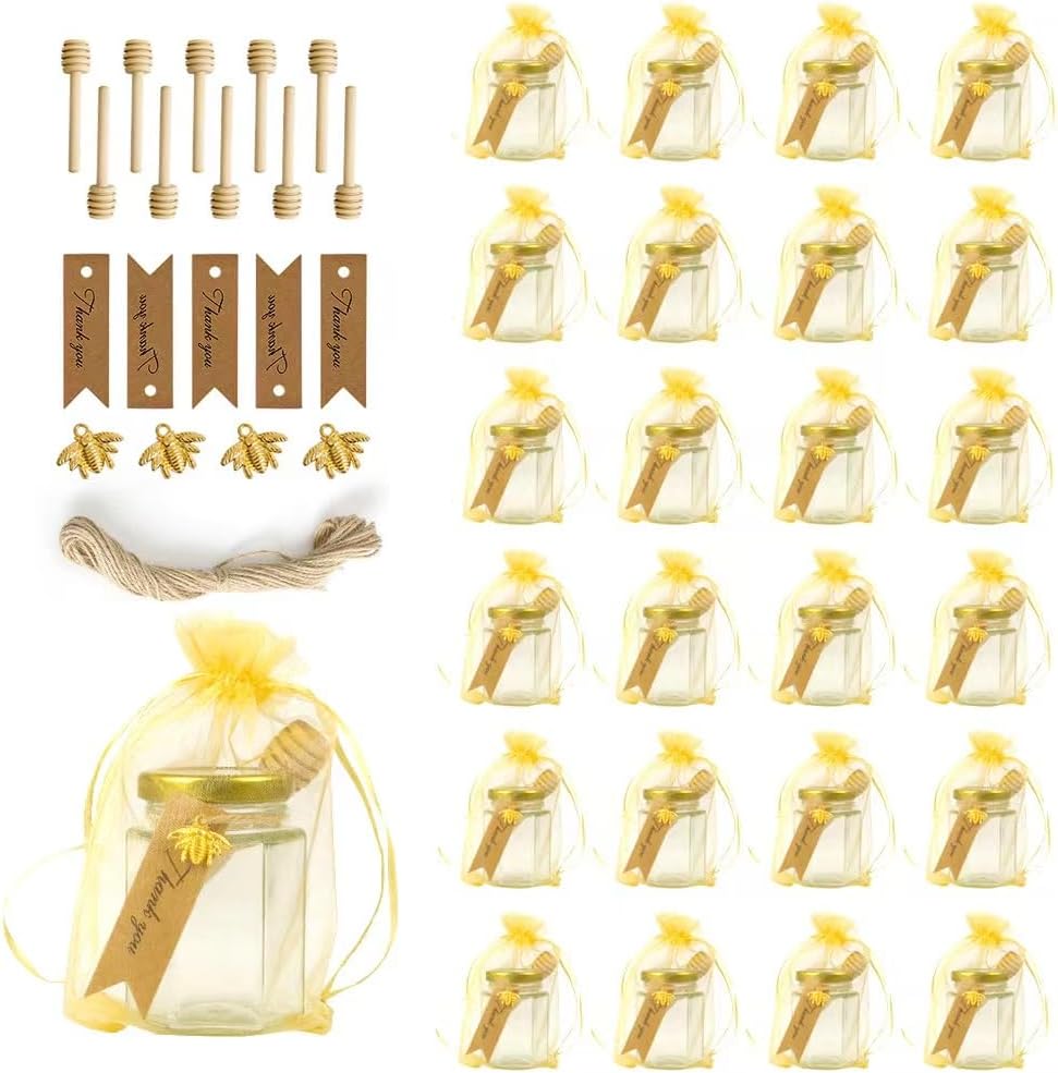 24 Pack 4oz Glass Hexagon Honey Jars Golden Lids -Wooden Honey Dipper, Bee Charms, Tag String, Gold Gift Bags, Thank You Gift Tags, Wedding Favors Baby Shower Party (Gold 24 bags)