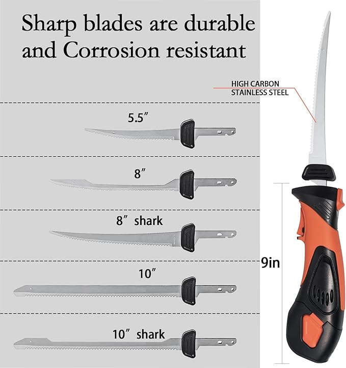 Cordless Electric Fillet Knife - 5 Ti-Nitride Coated Non-Stick Blades, Ergonomic Non-Slip Grip Handle & Cooling Vent Stylish with Carry Bag ,Perfect Electric Knife for Effortless Fishing (Orange)