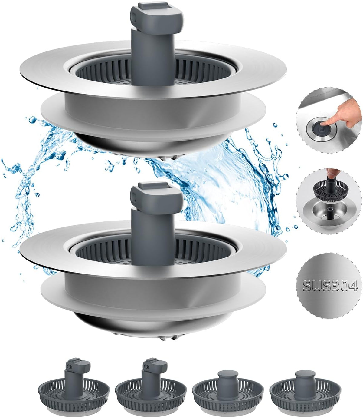 Hibbent 2 Pack 3 in 1 Kitchen Sink Drain Strainer and Stopper Combo, Stainless Steel Metal Pop Up Sink Stopper with Foldable Handle, 6 Anti-Clogging Baskets, Fit for US Standard 3-1/2 Inch Drain